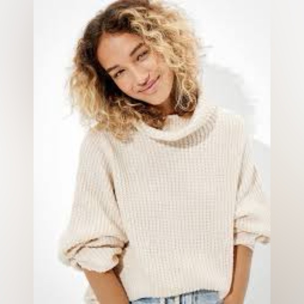 American Eagle Mock Neck Cable Knit Grey Sweater